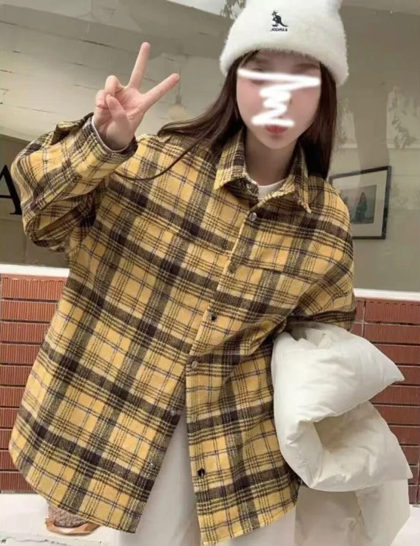 9685秋季新款美式复古文艺格纹设计感格子休闲小众长袖衬衫外套