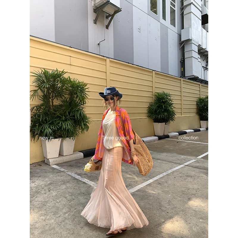 THREE GOOOD/三吉网纱拼接鱼尾半身长裙Y725G03798