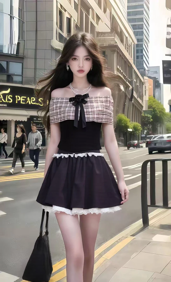 新款时尚甜美少女风撞色一字肩露肩收腰小众设计气质显瘦连衣裙女