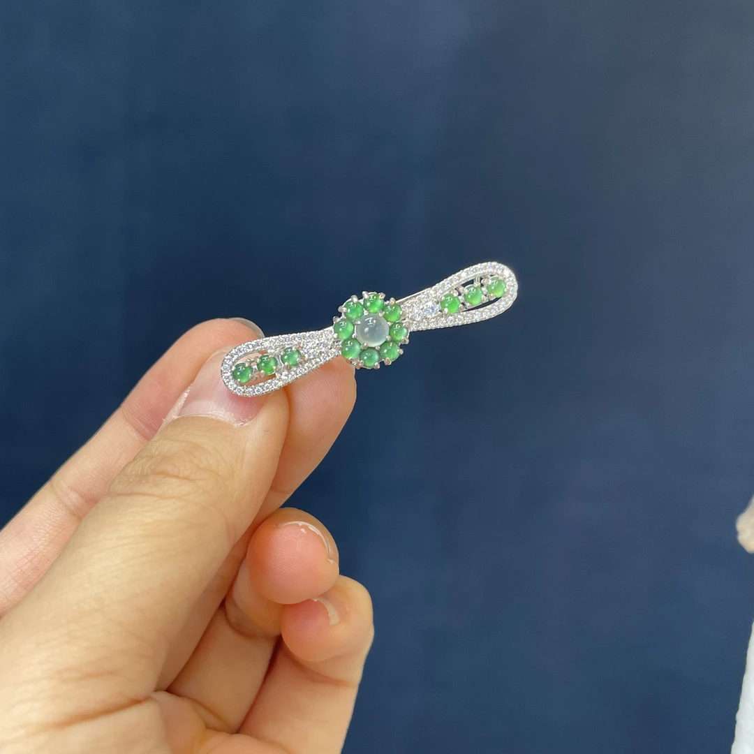 繁星.银镶翡翠蛋面发夹