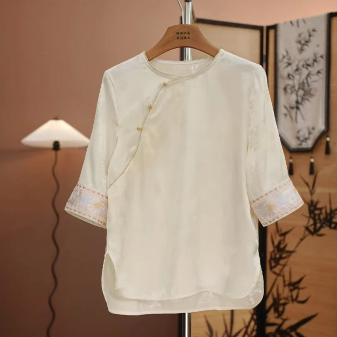 【白牡丹-衬衫】新中式提花暗扣五分袖刺绣小衫百搭透气衬衫