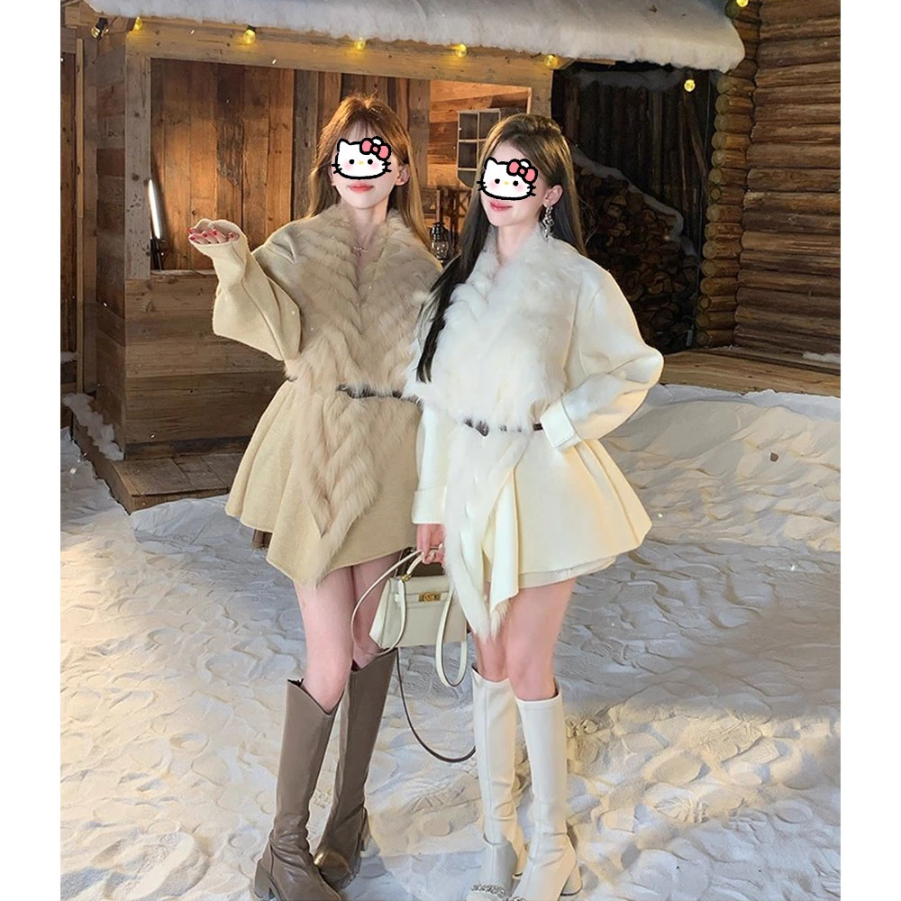 纯欲风辣妹大翻领拼接外套女秋冬季宽松百搭长袖毛领开衫毛呢外套