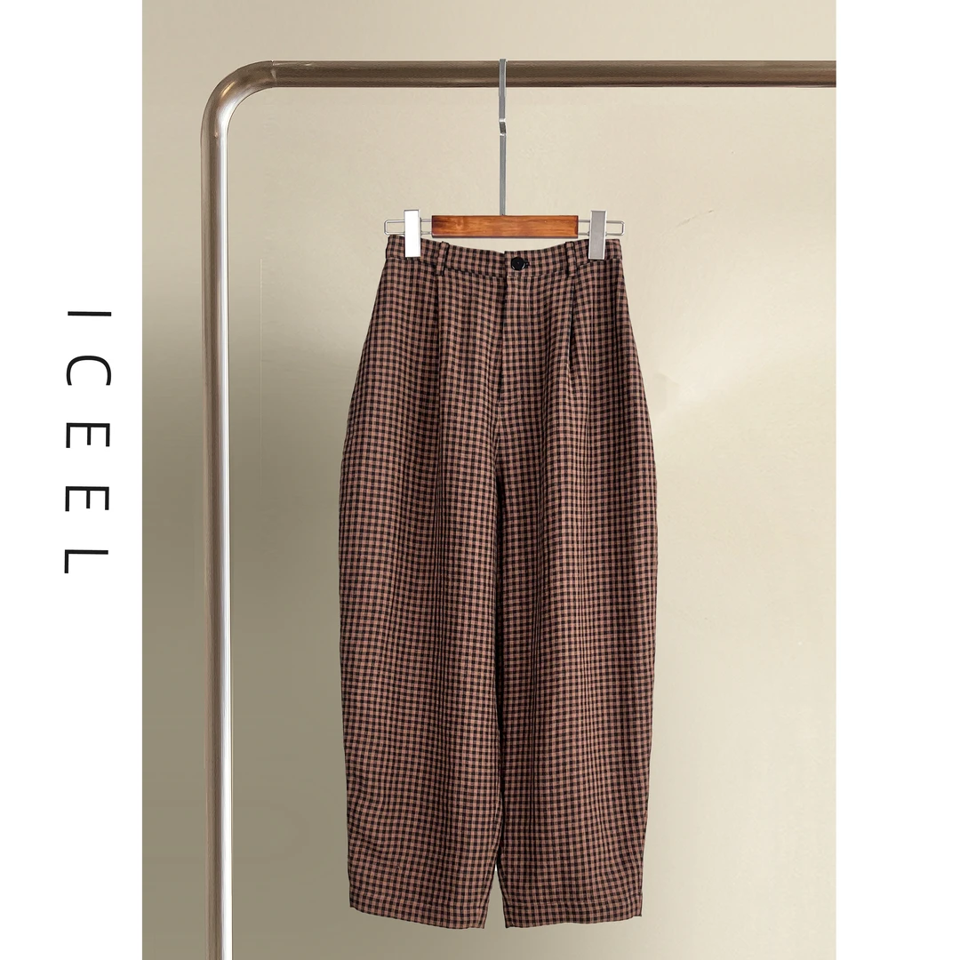 原创复古高级感亚麻格子休闲裤女夏新款阔腿裤宽松奶奶裤修直腿型