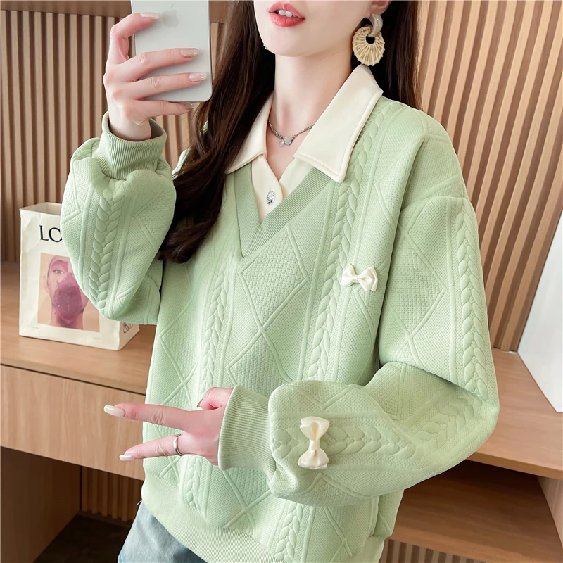 春秋季薄款蝴蝶结POLO长袖设计卫衣女秋季新款外套洋气减龄女上衣