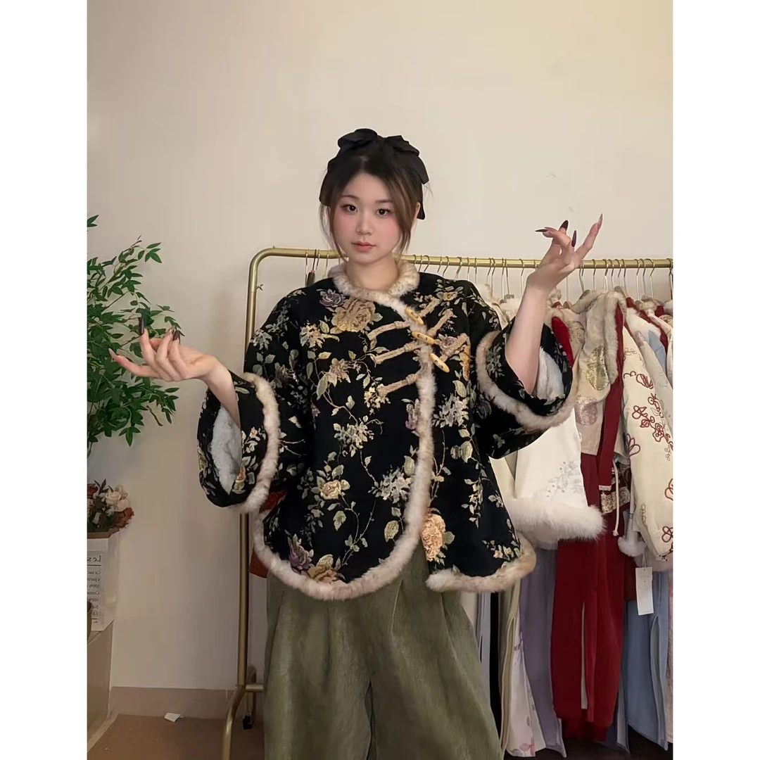 【松莺】复古绣花改良旗袍连衣裙新中式提花加绒外套少女秋冬套装