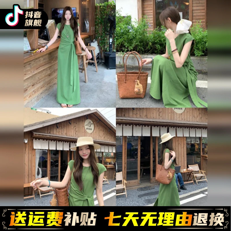 纯欲慵懒风绿色连衣裙子2025新款夏季爆款女装法式气质高级感长裙
