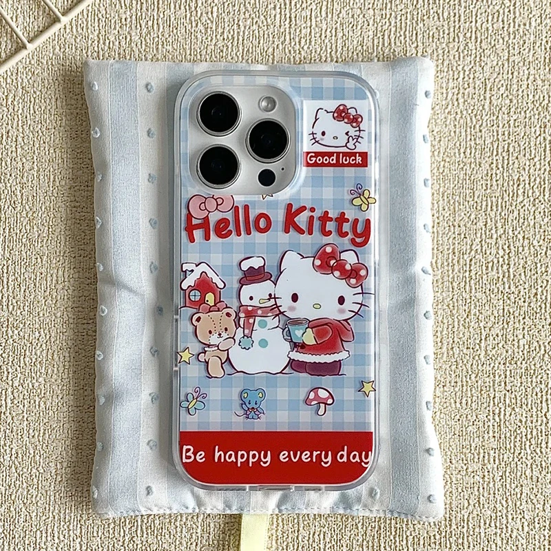 ins冬日格纹KT猫适用苹果16手机壳iPhone13/15女华为vivo小米oppo