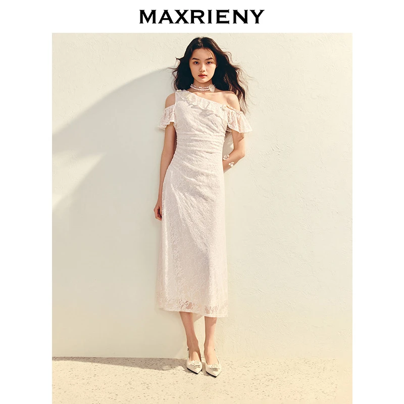 MAXRIENY度假风蕾丝连衣裙修身收腰长裙不对称斜肩抽褶订婚