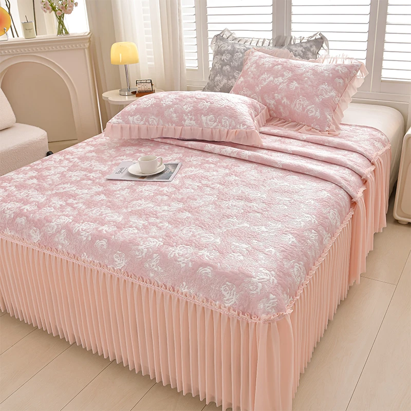 高档夏季PE玫瑰冰丝凉席床裙提花三件套夏天豆豆席可机洗空调席子