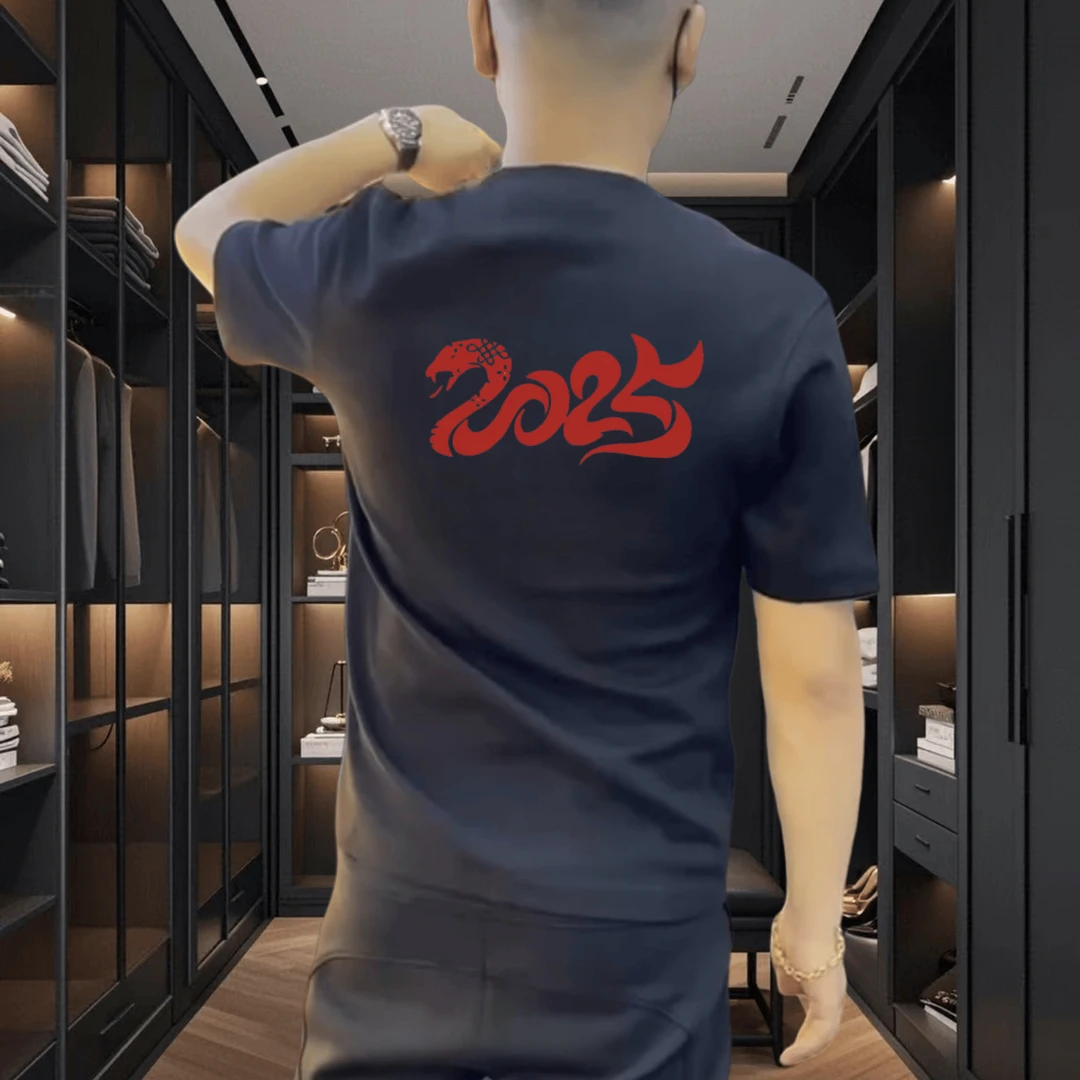 2025新年红色衣服男士纯棉短袖百搭宽松ins网红修身休闲国潮半袖