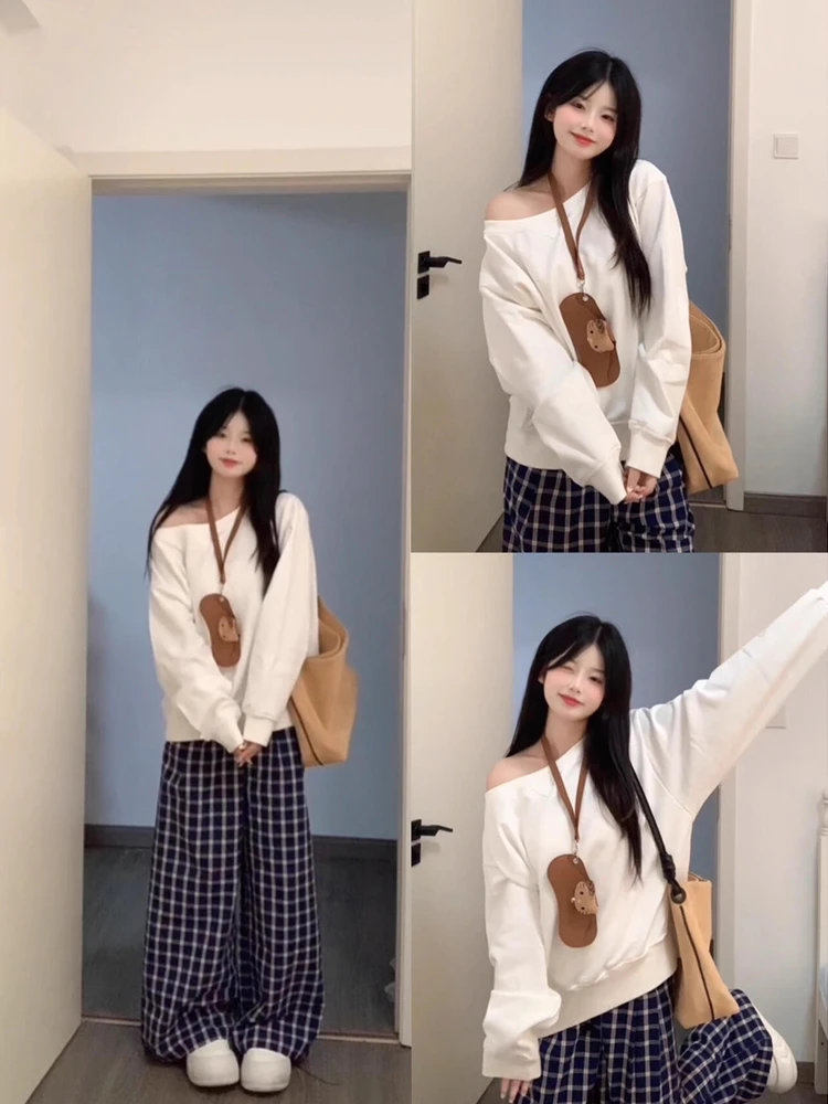 白色斜肩卫衣女2025新款上衣高级感长袖卫衣无帽秋季外套美式慵懒