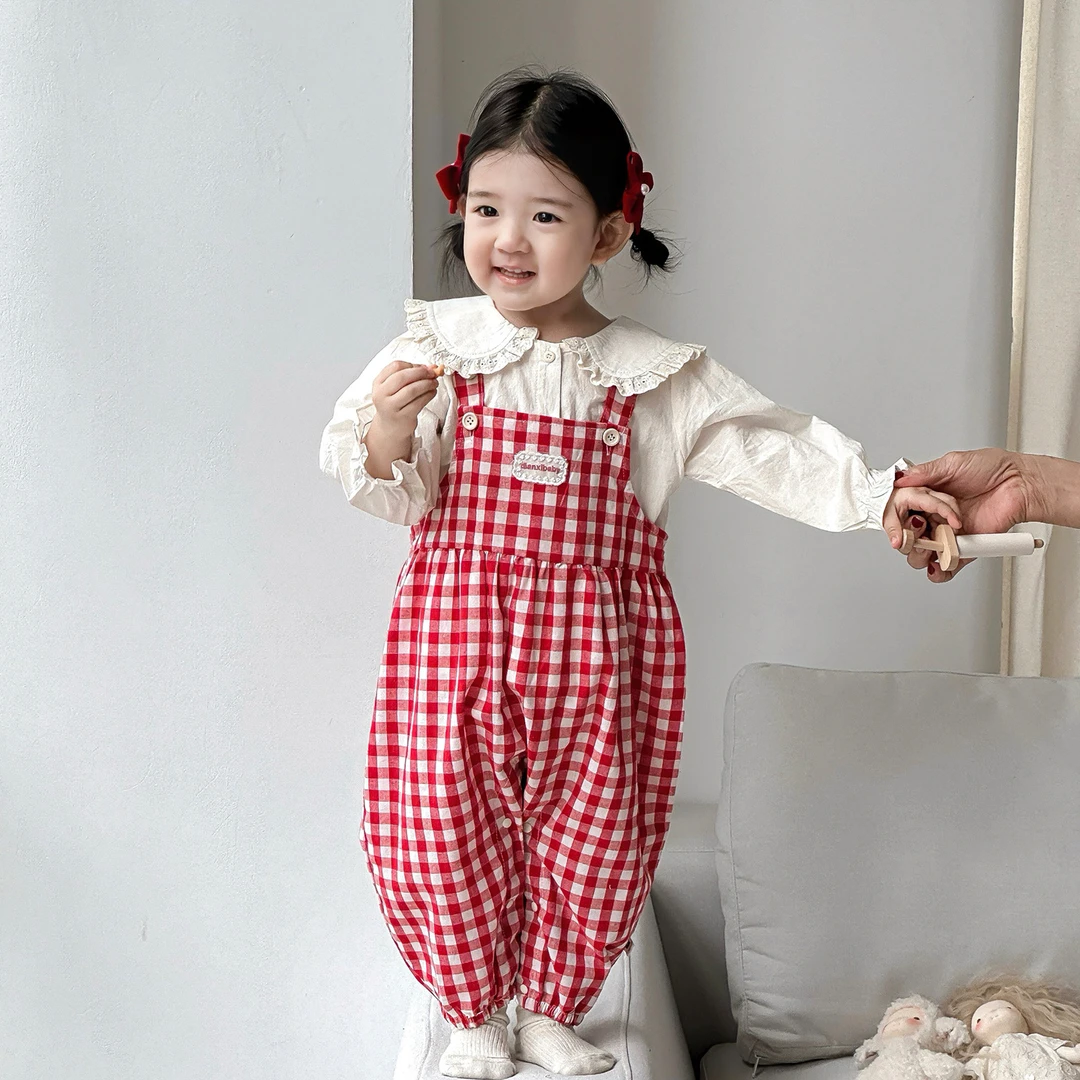 【2号】-点兮-婴幼儿格子背带裤套装女宝宝娃娃衫连体衣两件套-A249