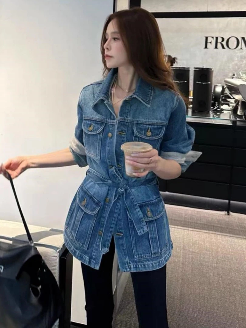 法式轻熟风绑带收腰牛仔外套女2025早秋季设计感显瘦减龄长袖上衣