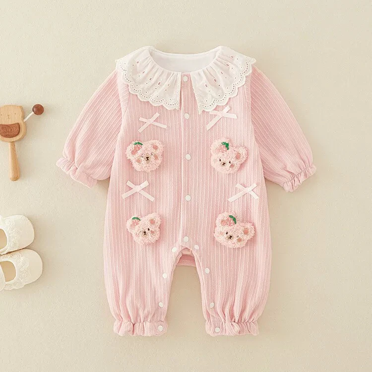 【四只粉熊】婴儿春秋装双层连体衣粉色小熊甜美公主哈衣外出服