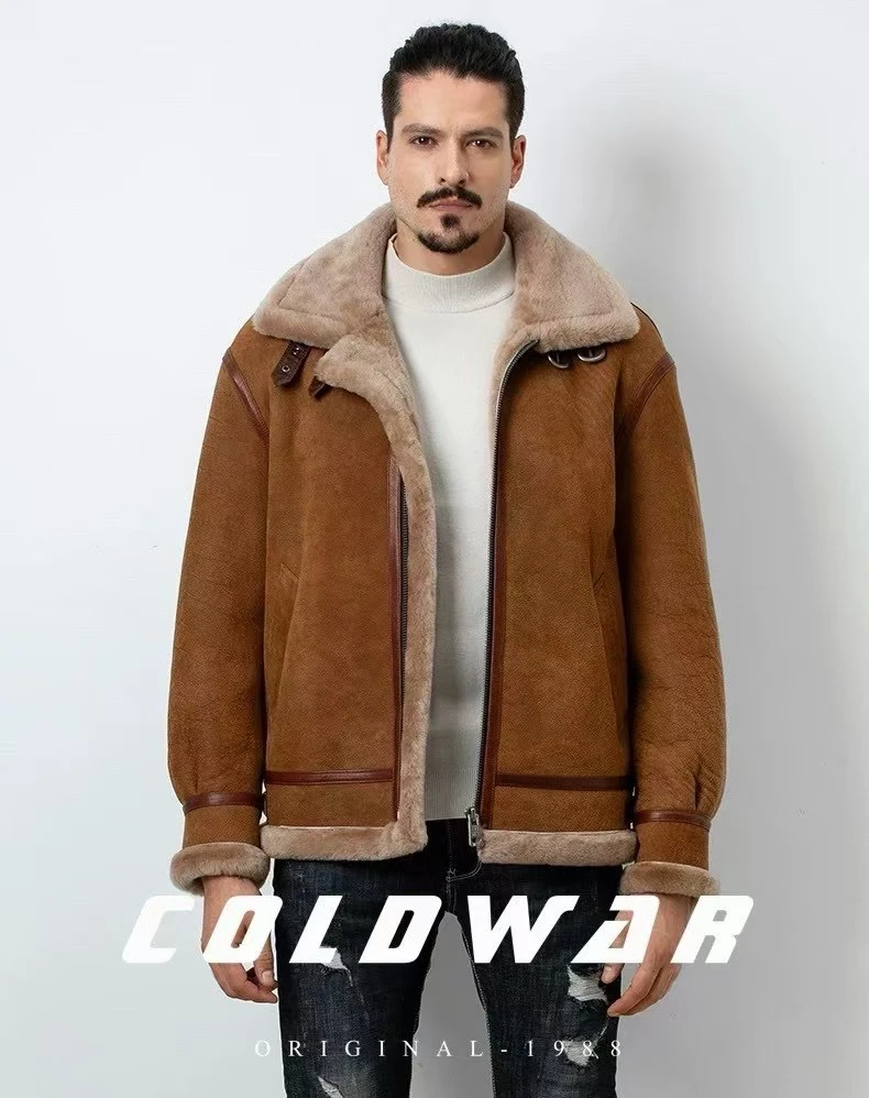 美利奴原生态皮毛一体“翻领空军机车”海宁真皮皮衣冬皮草外套男