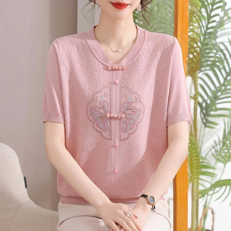 俞兆林妈妈夏装短袖针织衫2025新款洋气t恤上衣女中老年夏季时尚