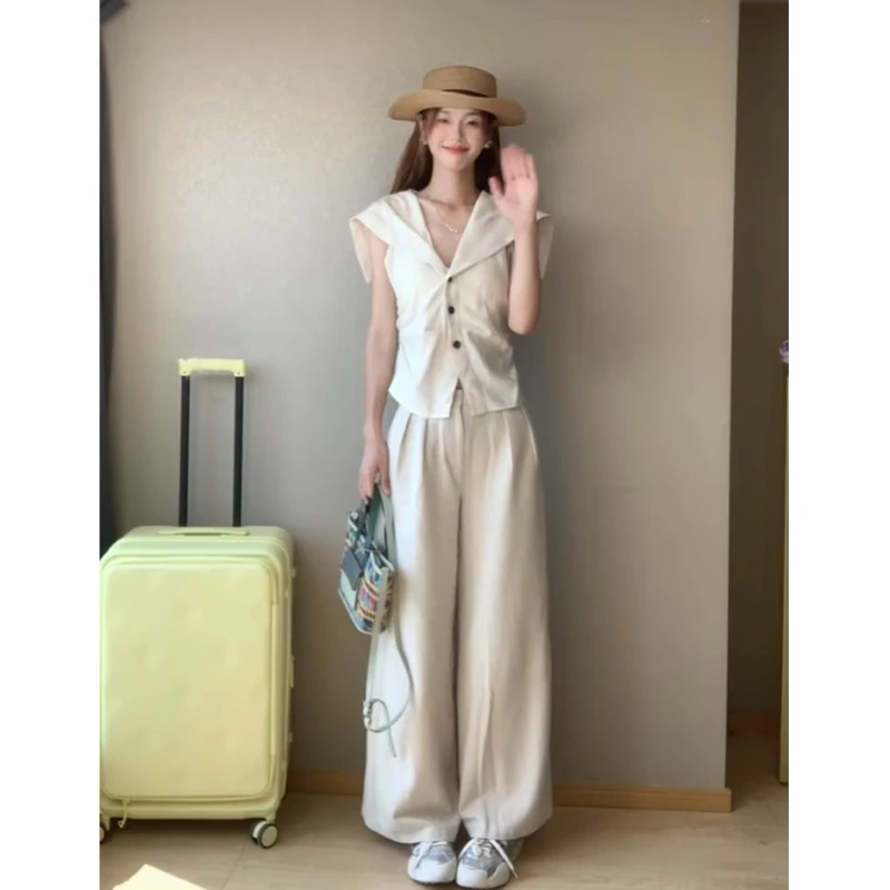 2025夏季新款学院风海军领显瘦无袖上衣高腰休闲阔腿裤两件套女