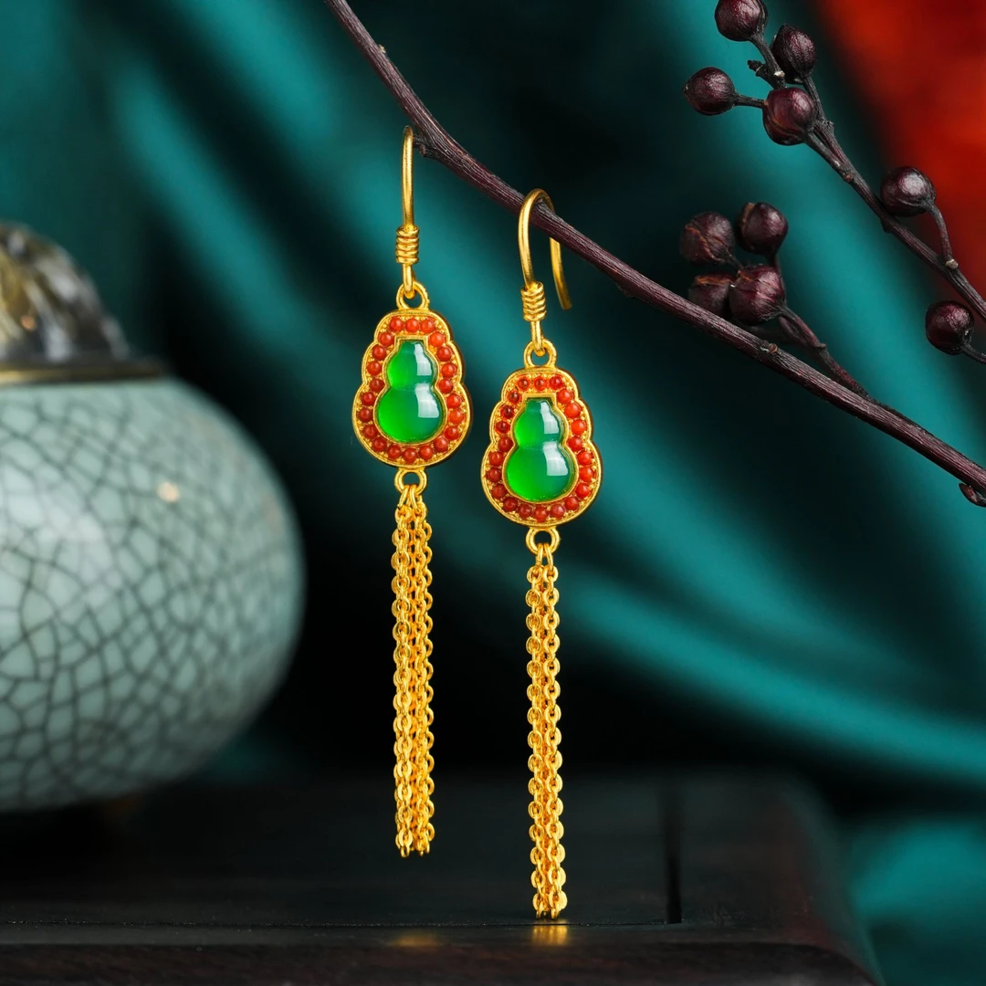 ZOCAI/佐卡伊古法黄金葫芦耳环复古宫廷风气质福禄流苏耳坠