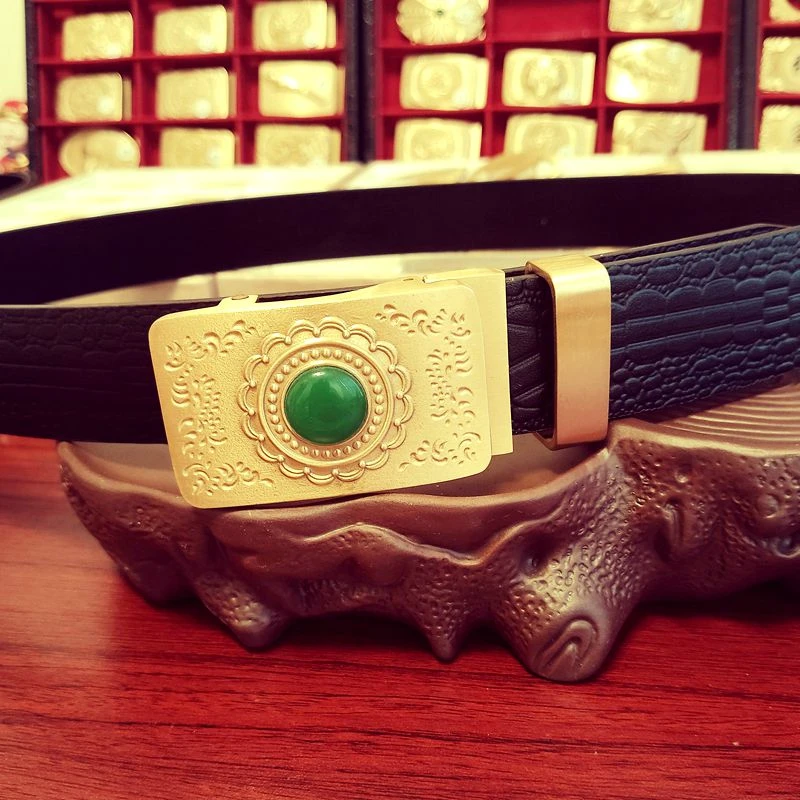 【匠心定制】浮雕太阳花玉自动扣套装头层牛皮男腰带纯黄铜皮带16