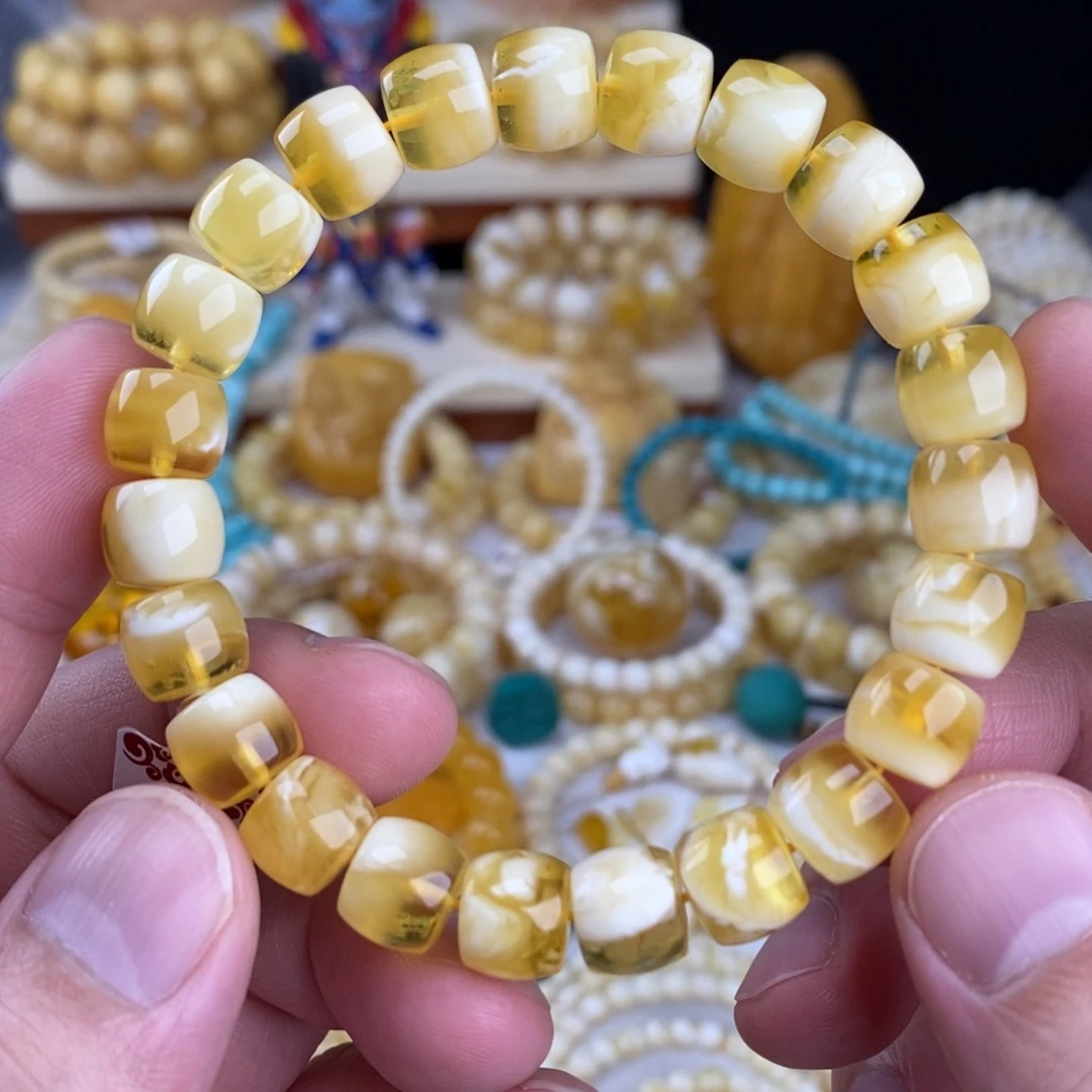 蜜蜡未镶嵌手链金瓷白聚宝盆10mm直切