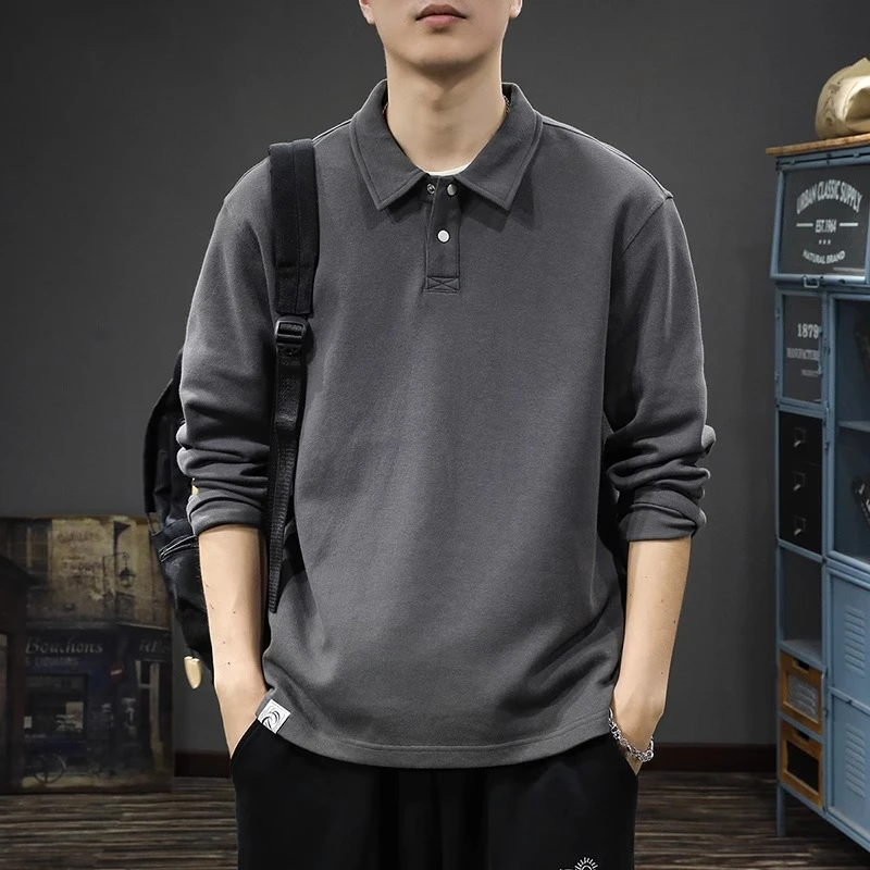 秋冬新款高级感纯色长袖T恤男Polo衫2025打底潮牌带领上衣翻领衫