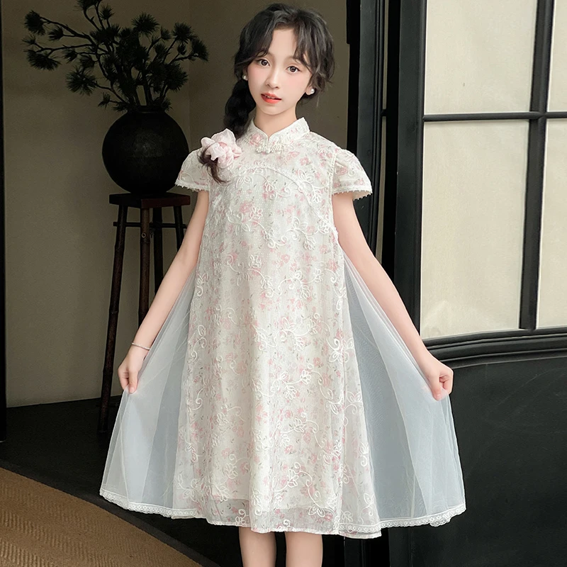 女童旗袍儿童改良版裙子夏季国风网纱连衣裙中大童古风汉服碎花裙