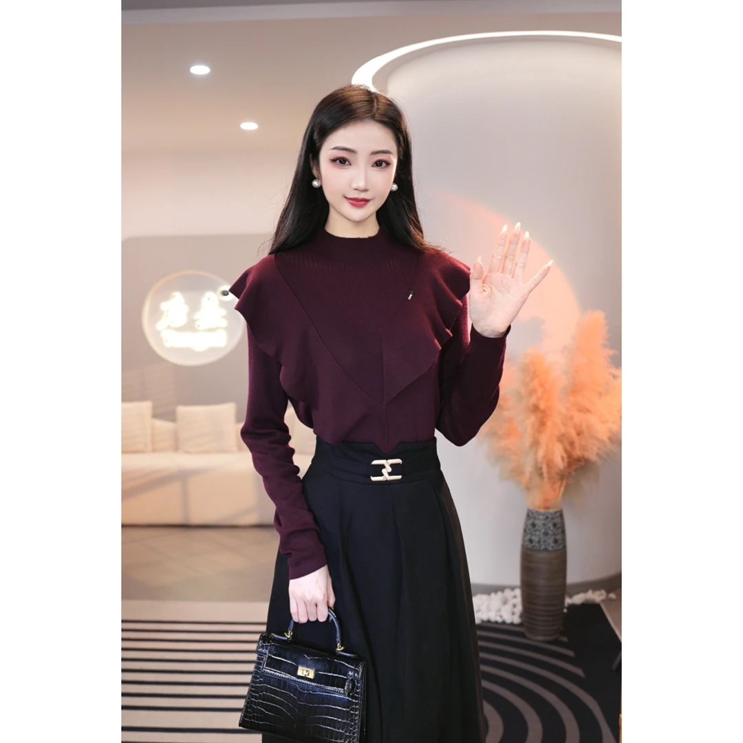 2025秋冬新款【JR-11】含绵羊毛百搭荷叶边女装独特漂亮针织衫上衣