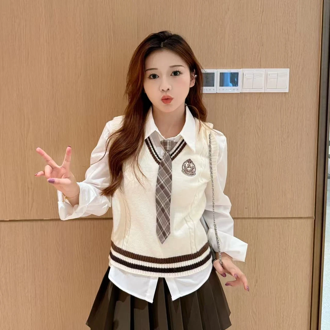 小个子定制韩版学院风时尚套装纯色衬衫针织马甲配领带三件套2805
