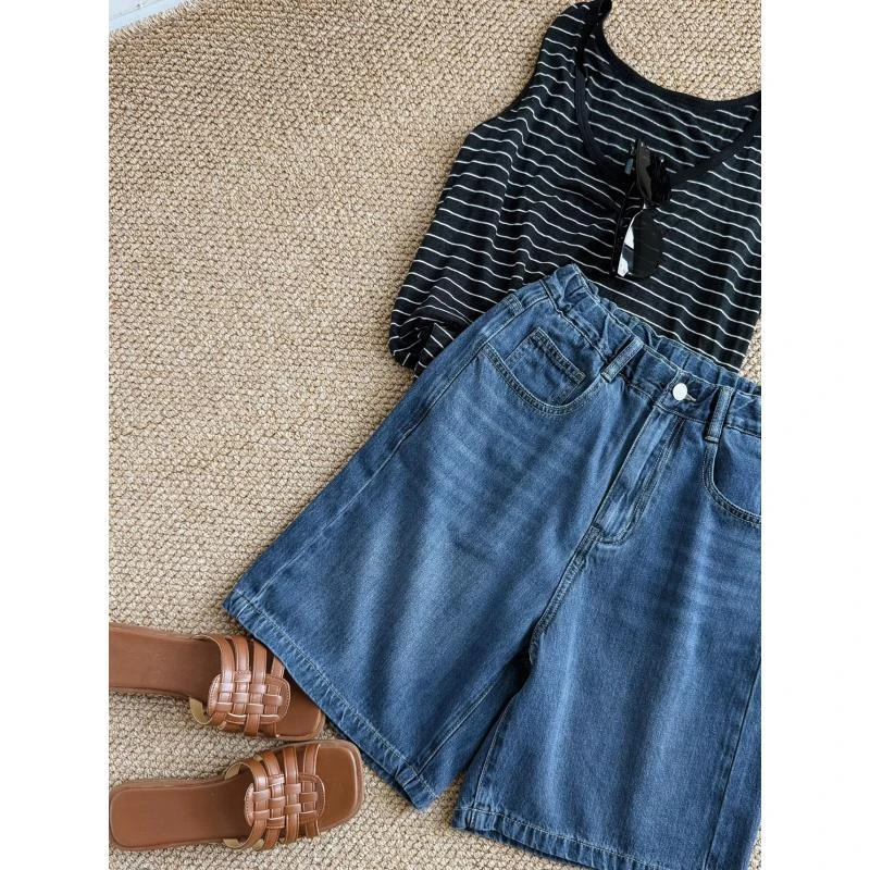 小雅姐姐  夏季薄款透气松紧腰中裤五分直筒休闲短裤IV39