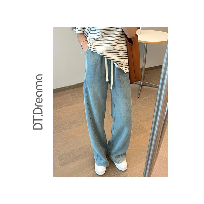 春夏款女士休闲显瘦垂感抽绳松紧宽松直筒阔腿裤夏季牛仔裤拖地裤