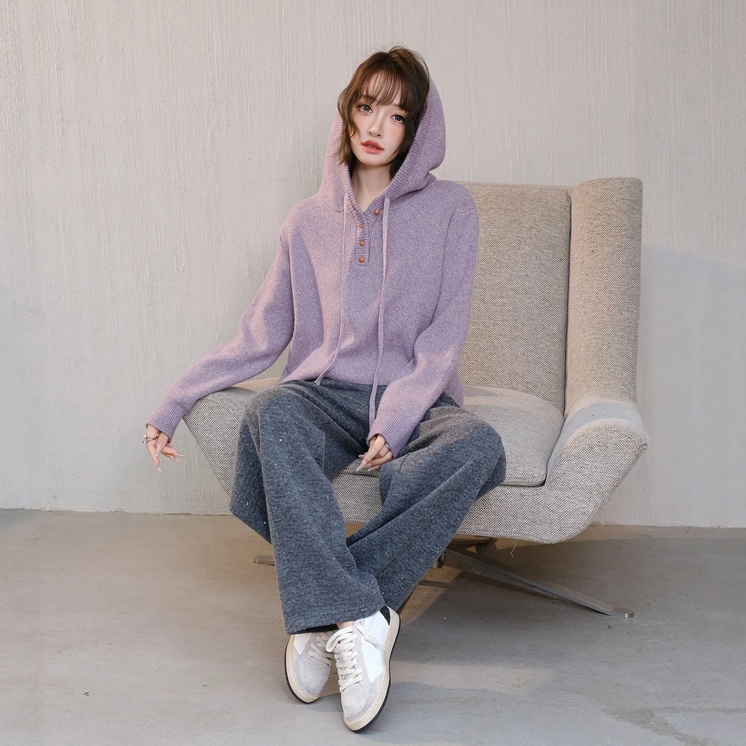 MIUCO紫色连帽针织加厚卫衣半开襟休闲百搭毛衣内搭外穿上衣女冬