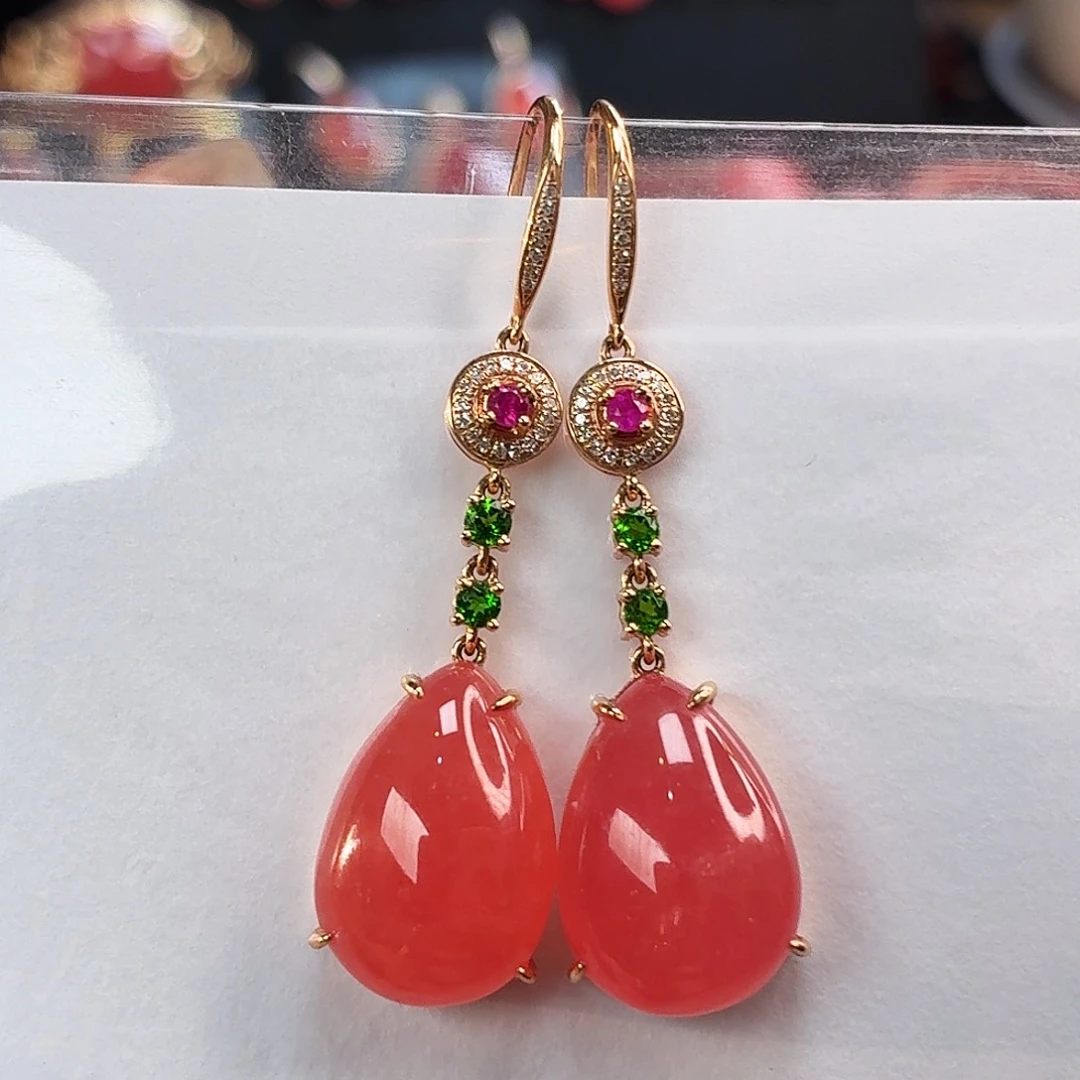 菱锰矿（红纹石）18K金镶嵌耳坠