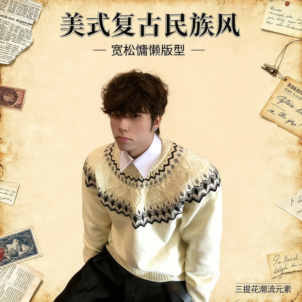 美式复古费尔岛针织衫男秋冬绒感慵懒风宽松潮流百搭圆领提花毛衣