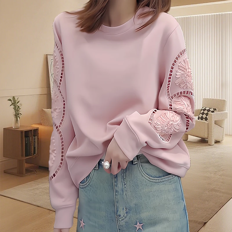 法式女士花朵长袖圆领粉色套头卫衣女休闲薄款设计感高智感上衣