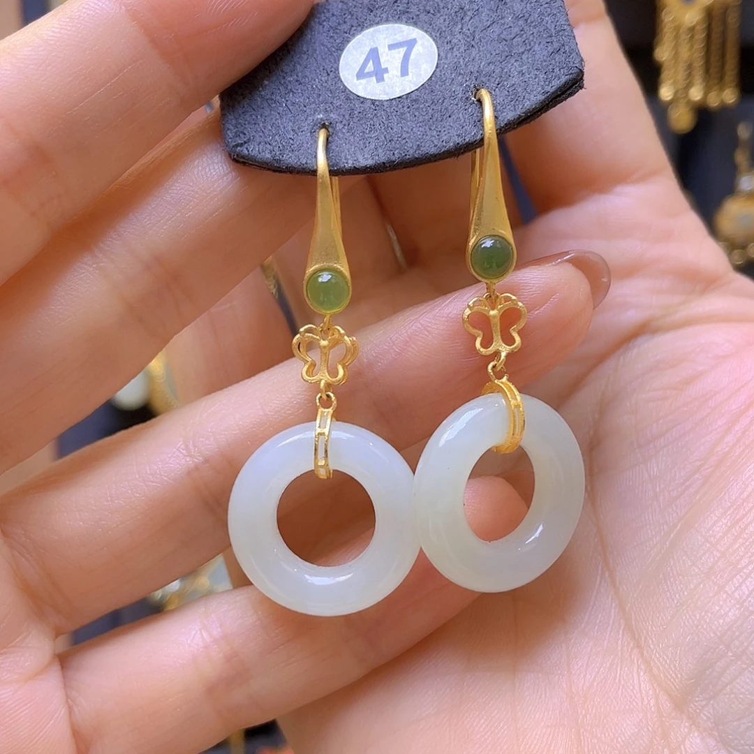 和田玉银S925镀金镶嵌耳饰