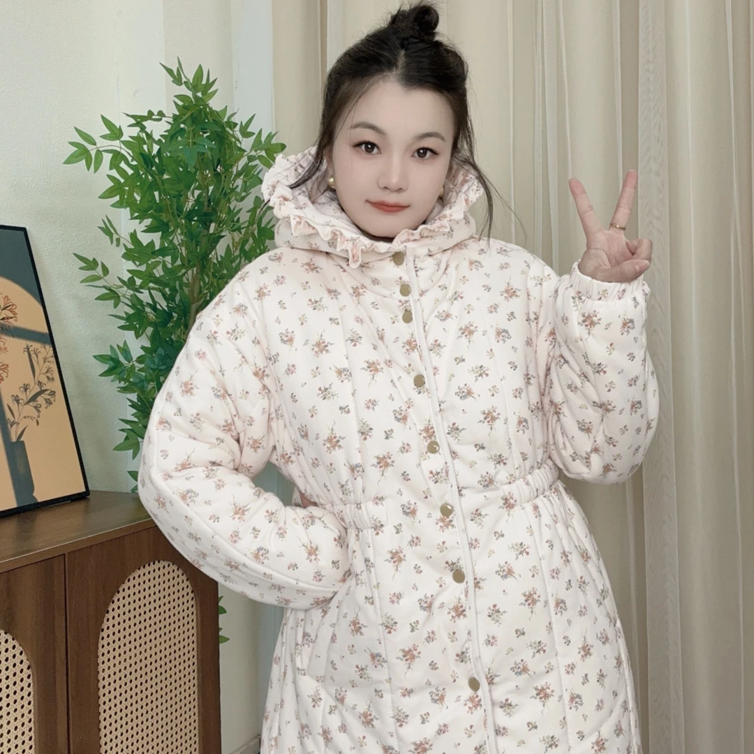 JIU新疆棉【暖色繁花】收腰中长款棉衣棉服时尚家居服手工棉花棉衣