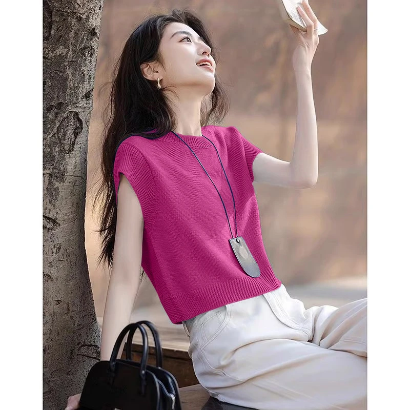 冰丝针织衫夏季薄款2025年新款落肩袖宽松显瘦纯色圆领短袖上衣