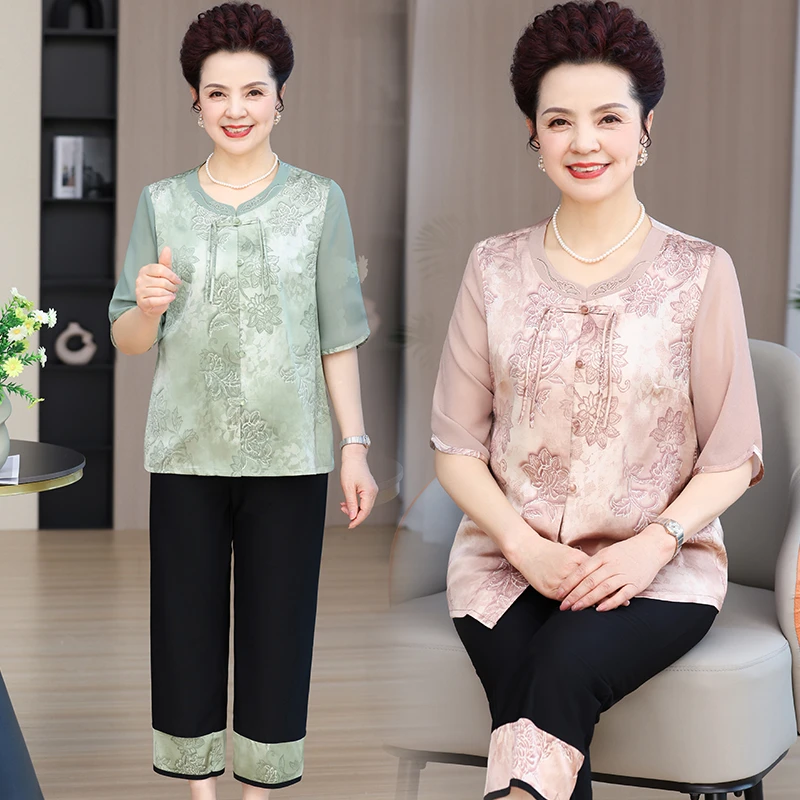 中老年人女装新中式短袖套装新款7080岁老太太夏装衬衫裤子两件套