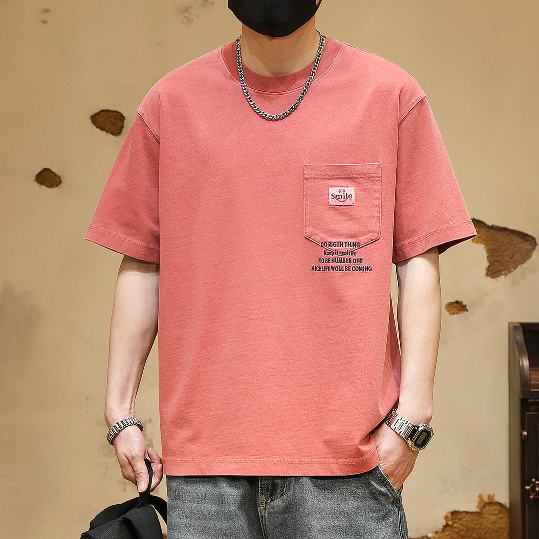 美式复古贴袋纯棉短袖t恤男士夏美式复古潮牌宽松刺绣半袖体恤男T