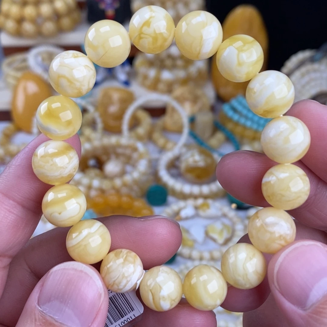 蜜蜡未镶嵌手链瓷白细纹虎皮12.3mm