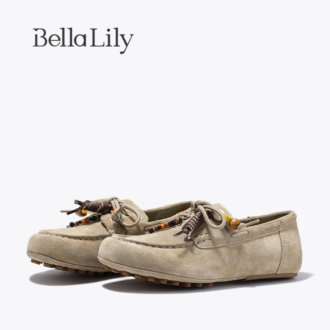 BellaLily2025冬季新款慵懒舒适袋鼠鞋轻便一脚蹬百搭牛皮勃肯鞋