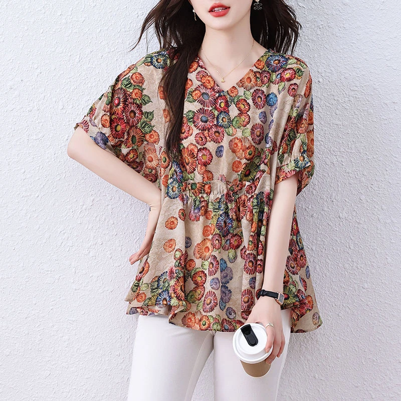 女士碎花薄款短袖衬衫夏季2025新款洋气时尚减龄宽松印花休闲上衣