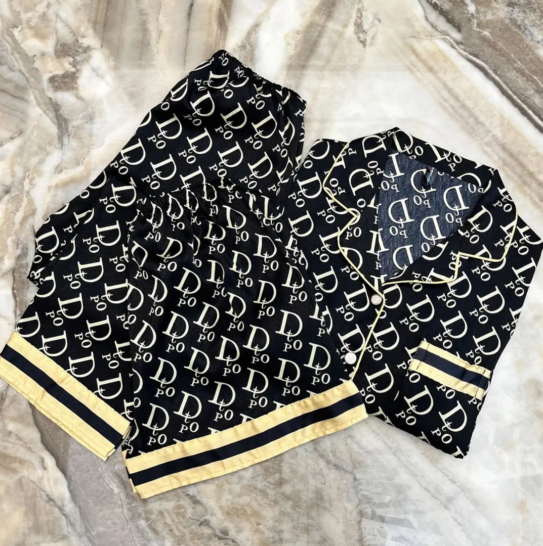 【情侣黑金Do】冰丝短袖睡衣女夏三件套新款男士时尚家居服套装031