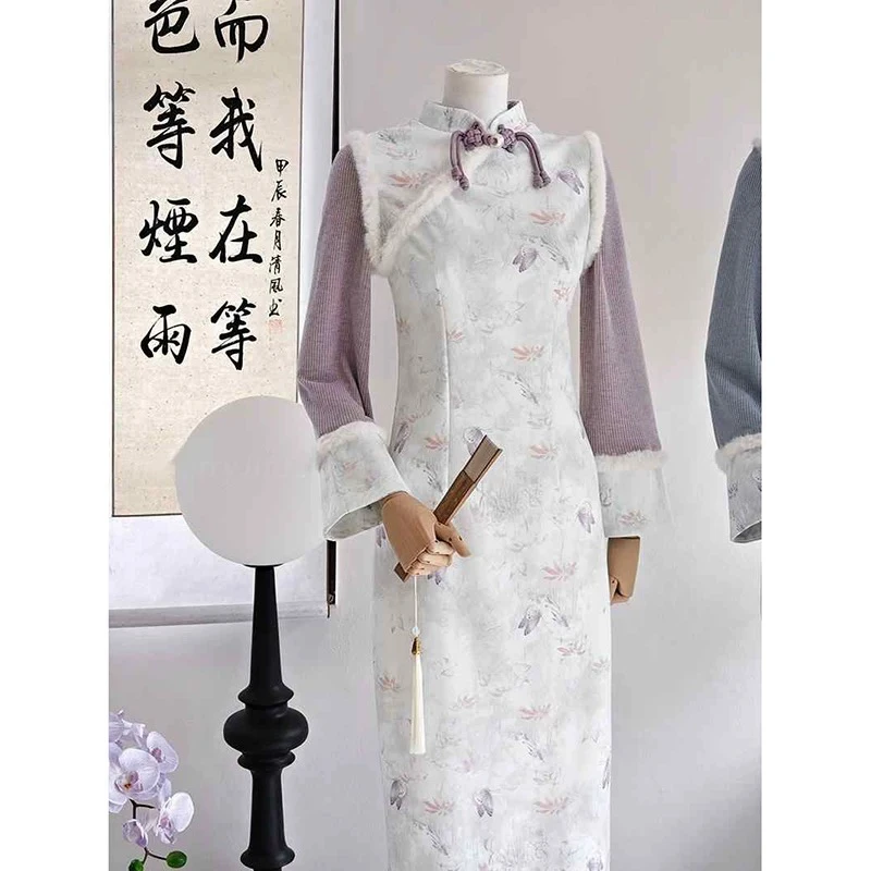 V-2135 花朝如约 冰雪绒 冬款加绒加厚年轻款改良旗袍120长款