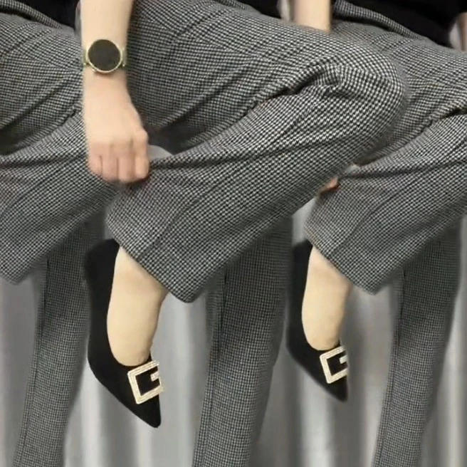 2025新款千鸟格高腰高弹小直筒休闲裤时尚百搭显瘦宽松裤子