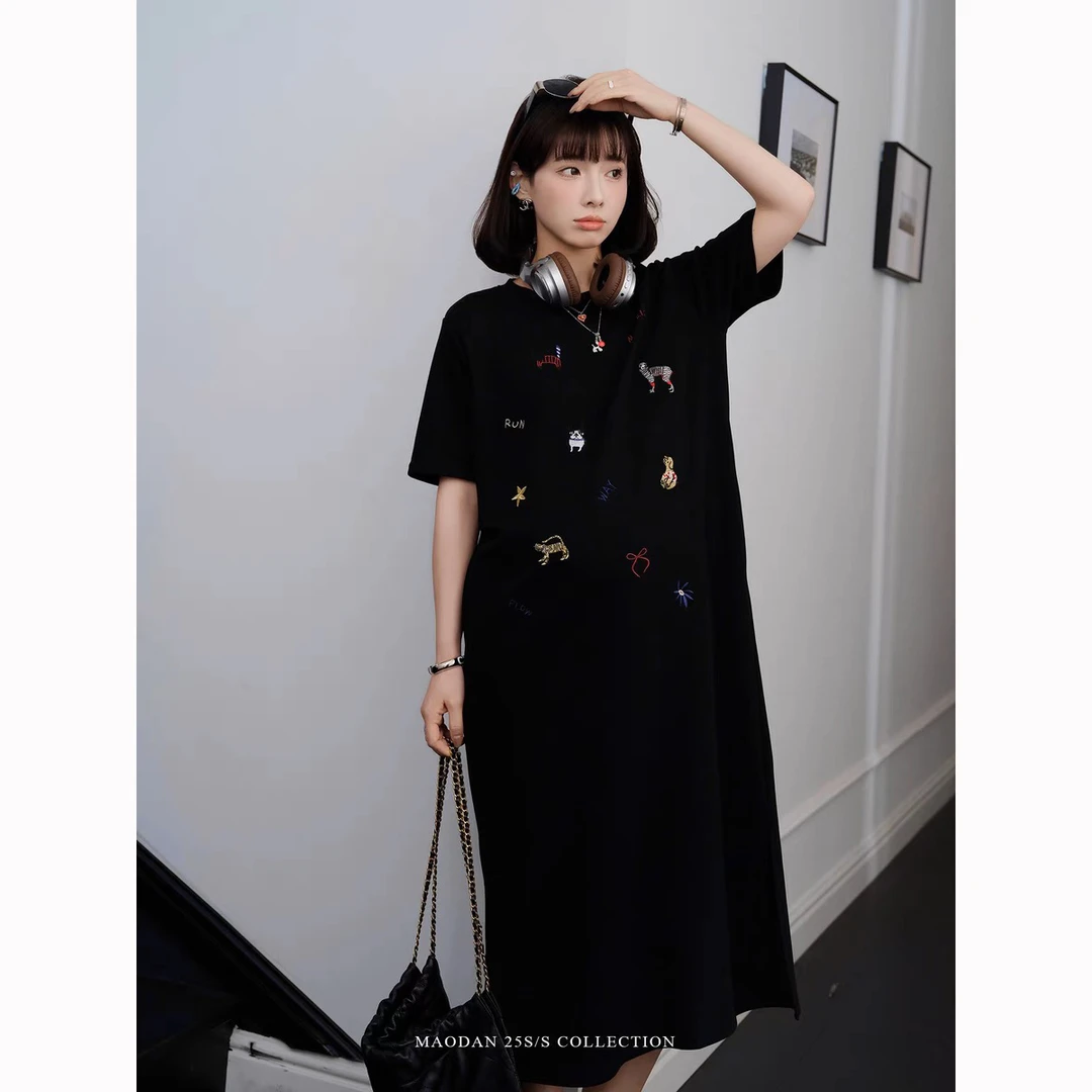 【漫黑星空】2025夏季上新设计感穿搭刺绣动物显瘦高级感短袖连衣裙