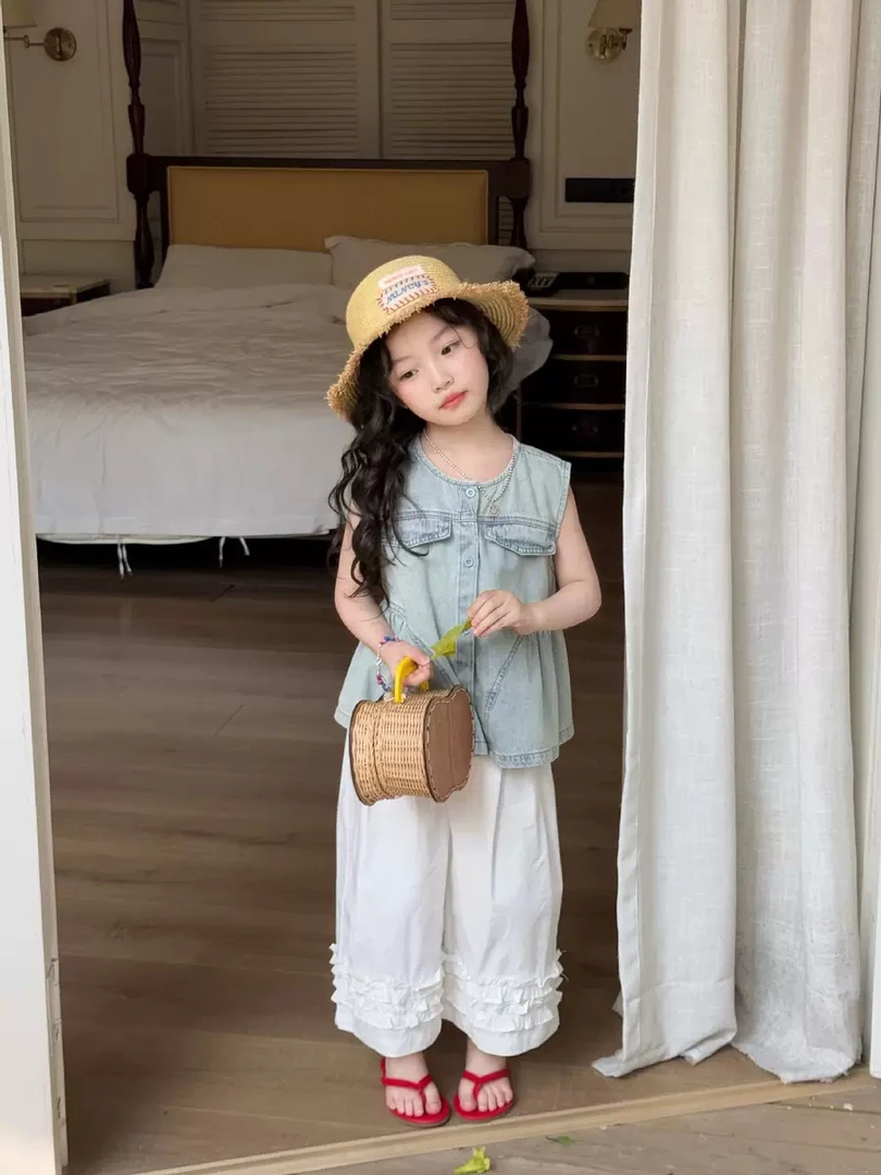 女童夏季韩版2025新款宝宝时髦百搭复古牛仔马甲背心洋气 裤子