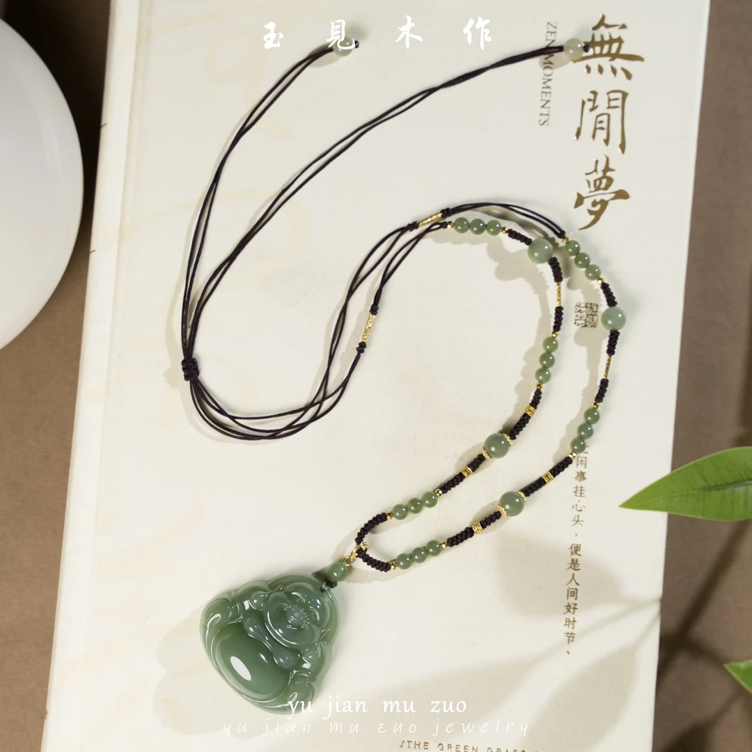 玉見木作 万能扣+手工编绳 天然和田玉碧玉粉青佛公