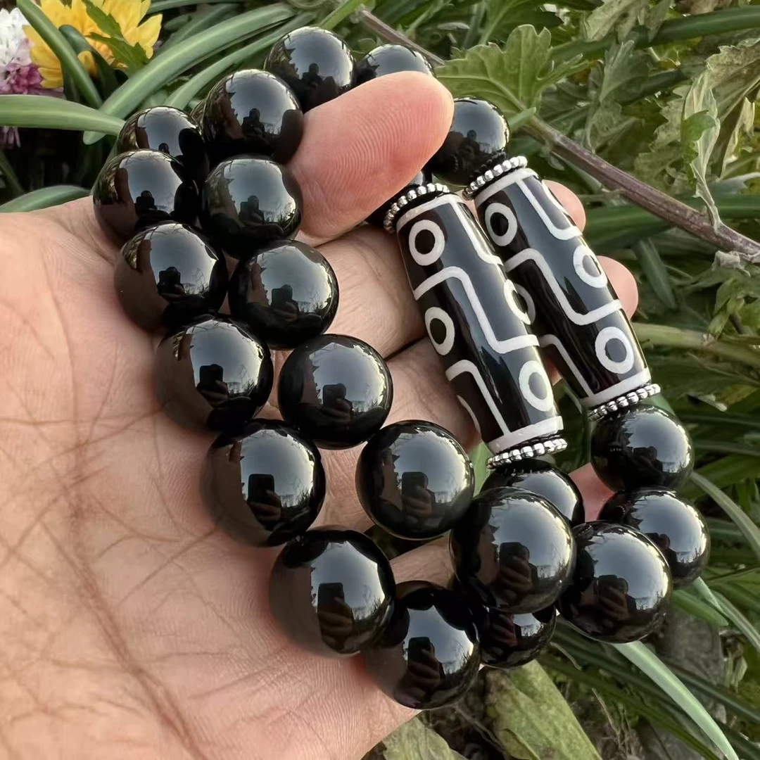 14毫米黑玛瑙九眼珠手串个性复古藏式单圈黑曜石手链男士时尚佛珠
