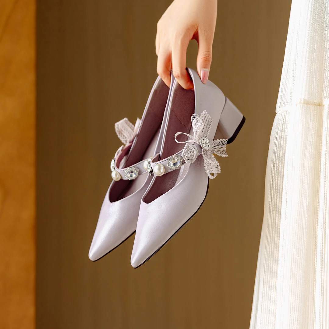 羊皮4公分/法式尖头时尚仙女风粗跟包头女鞋气质浅口玛丽珍单鞋